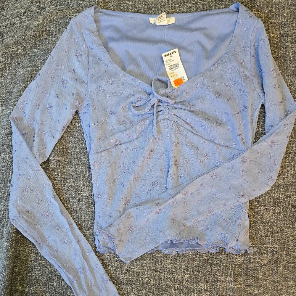 Full Tilt Embroidered Mesh Long Sleeve Top, Light Blue, Small